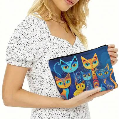 1pc Cute Cat Print Makeup Bag With Zipper Closure - Lightweight Foldable Cosmetic Organizer Pouch, Durable Travel Toiletry Bag - Portable Gift For Cat Lovers, Vibrant Color And Spacious Interior, Essential For Daily Use Or Travel, 2D Flat Design With Vivid Cat Face, Ideal For Organizing Cosmetics