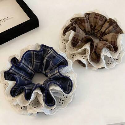 2 piezas Scrunchies de estilo coreano con encaje a cuadros, lazos para el cabello holgados y grandes, accesorios de moda para el cabello para mujeres