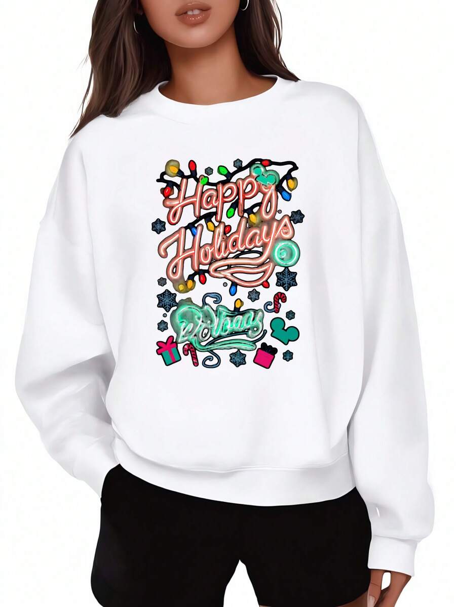 Black Oversized Sweatshirt Happy Holidays Mickey Mouse Christmas Lights Snowflakes Gift Box Print Winter Festive Casual Wear For Women - 白色 - 查看 1