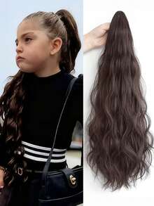 1件装黑色/棕色假发片，适合女孩儿童，合成长卷波浪马尾辫，爪夹式假发 - 彩色 - 查看 10