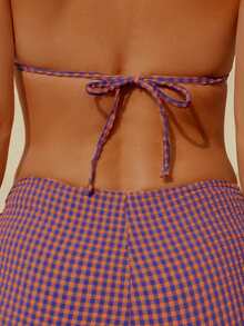 wohenmeili Plaid Print Halter Twist Front Bikini Set - Blue-brown Checkered - View 5