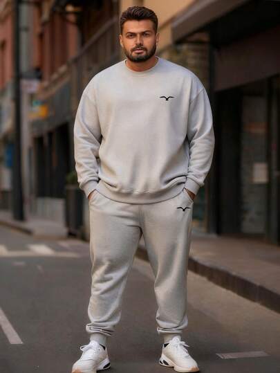 2件套加大码男士休闲简约图案圆领卫衣和长裤套装，适合街头、户外和日常穿着