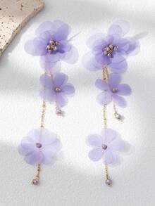 1 Pair Fabric Elegant Purple Flower Long Earrings, Suitable For Daily Wear (Bead Color Random) - Mauve Purple - View 2