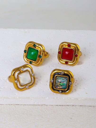 1pc Vintage Square Gold-Color Resin Inlaid Glazed Minimalist Versatile Ring For Women, Everyday Wear