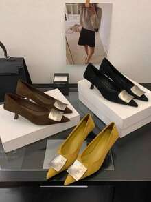 2025春秋新款法式尖头高跟鞋，金属搭扣装饰，细跟，工作鞋，黑色，优雅，派对鞋 - 棕色 - 查看 10