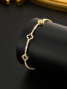 1条优雅奢华的四叶草水钻装饰男士手链，网球手链款式，男女皆宜的奢华珠宝，适合作为节日礼物 - 金黃色 - 查看 4