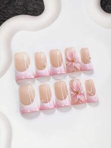 10pcs Pink Gel Nail Art Set, Polka Dot Nail Stickers, Handpainted French Nail Decals, 3D Gradient Floral Fake Nails With Small Pearl Accents, 3 Sizes: Almond, Coffin, Duck Mouth, Includes Nail Tools (1 Jelly Sticker + 1 Nail File), Suitable For Party, Wedding, Autumn/Winter, Casual & Daily Wear, Great Gift For Women - 彩色 - 查看 17