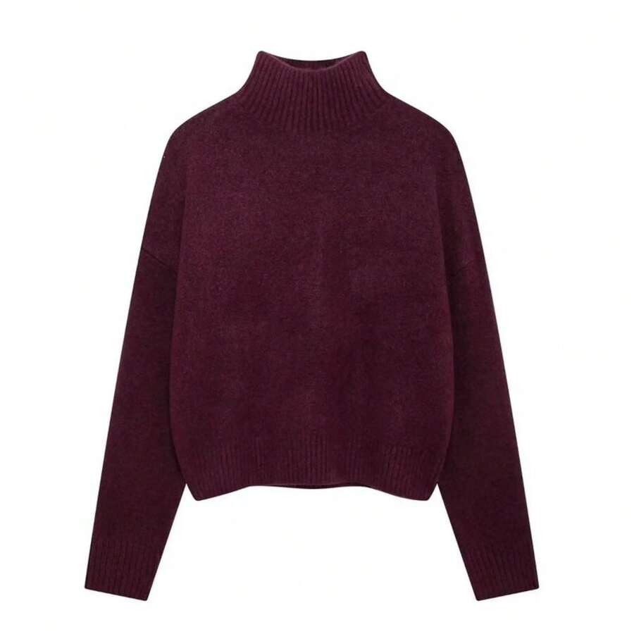 Seelio Autumn/Winter New Women's Fashion Minimalist Soft All-Match High Neck Long Sleeve Knit Sweater - Burgundy - View 1