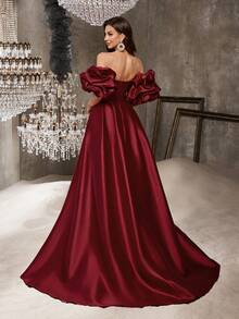 惊艳女式红色长裙，露肩设计，夸张袖子，亮片装饰 - 酒紅色 - 查看 3