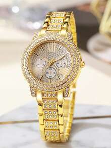 Bộ 6 đồng hồ đính đá Rhinestone cho bé gái, Đồng hồ thạch anh dây thép hợp kim phong cách sang trọng cho bé gái, Bộ trang sức vòng tay, vòng cổ, khuyên tai, nhẫn đính đá Rhinestone hình trái tim cho buổi tối - Vàng - Xem 4