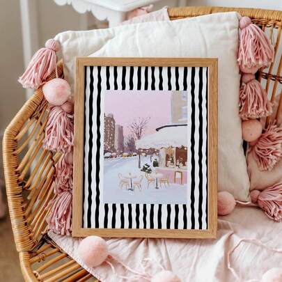 1pc Frameless Valentines Day Blush Winter Cafe Wall Art Elegant Christmas City Print Cozy Holiday Street Scene Feminine Winter Decor Parisian Style Canvas Painting For Living Room Bedroom Dorm Room Decor Poster Funky Posters Room Decor Bedroom Prints For Wall Valentine Winter Cafe Parisian Christmas Art Feminine Holiday Decor