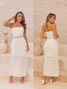 Vestido Tricô em Modal Longo Tomara que Caia Vazado com forro Verão