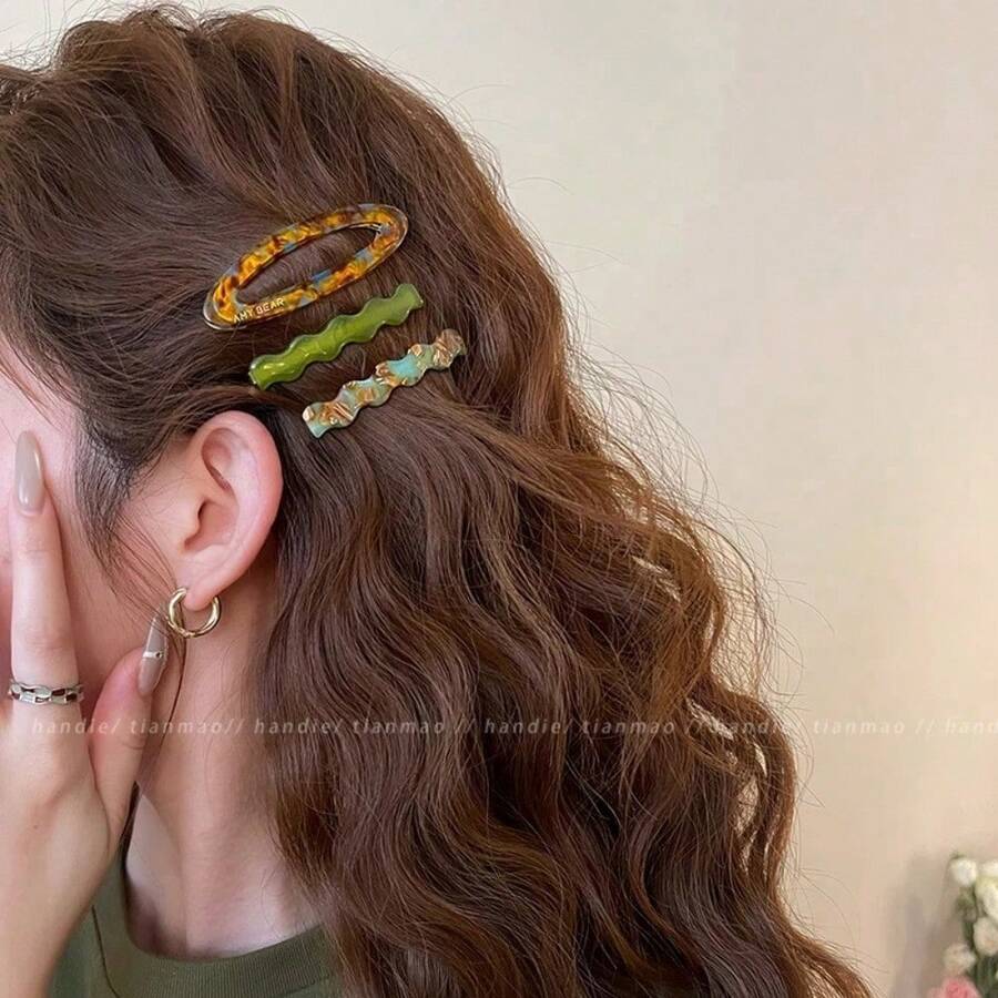 3-Piece Set Of Retro Hair Clips, Side Clips, Bangs Clips, Forehead Clips And Hair Clips - 1#深薄荷3件組 7.5cm+6cm - 查看 1