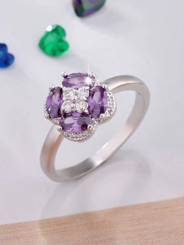 1pc Fashionable Elegant Minimalist Versatile Women's Ring, Romantic Floral Design Synthetic Cubic Zirconia Jewelry, Casual Everyday Wear, Suitable For Proposal, Engagement Party, Birthday, Anniversary Gift