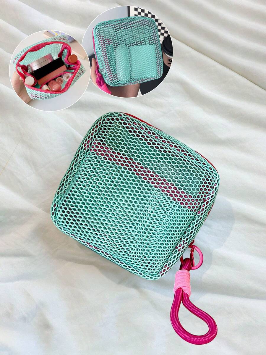 Women's Square Mesh Cosmetic Bag Dopamines Color Toiletry Organizer With Removable Handle And Zippered Closure For Travel - 淺綠色 - 查看 1