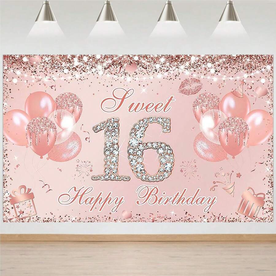 1 cái Phông nền biểu ngữ sinh nhật Sweet 16 màu vàng hồng Trang trí tiệc Sweet 16 cho bé gái Bóng bay lấp lánh Đạo cụ chụp ảnh sinh nhật 16 tuổi - Nhiều màu - Xem 1