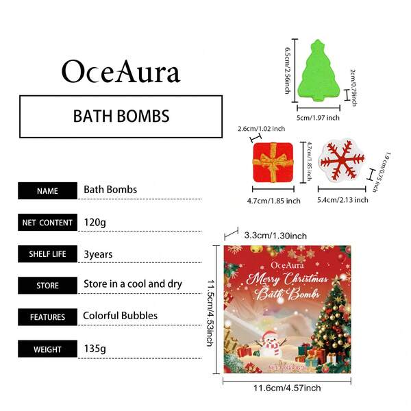 120g (40g*3) Christmas Bath Bomb Set, Gentle Formula, Christmas-Themed With Various Shapes (Christmas Tree, Gift Box, Snowflake), Suitable For Christmas And Daily Bathing, Rich And Dense Bubbles, Colorful, Creates A Festive Atmosphere And Ritual, Makes The Bathing Process More Comfortable And Fun, Gift Box Packaging Ideal For Gifting To Friends And Family.