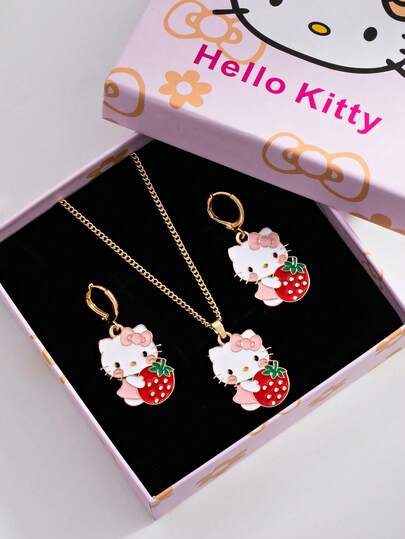 Sanrio Juego de aretes y collar de Hello Kitty de dibujos animados lindos, adecuado para uso diario, regalo para amigas/novias