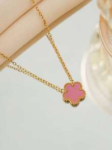 1pc Stainless Steel Four-Leaf Clover Pendant Necklace, Minimalist Everyday Wear Lucky Flower Charm Necklace For Women - Golden Five-leaf Clover Necklace - View 19