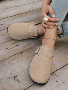 Khaki  Suede Clog Mules For Women, Adjustable Buckle Slip-On Flat Shoes For Casual Daily Wear & Outdoor Walking,Summer Sandals For Women - Màu Khaki - Xem 9