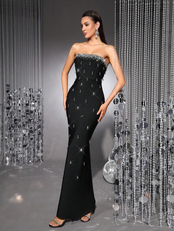 Bernatova Women Sexy Strapless Maxi Bandage Gown Dress With Handmade Rhinestone Decor , Elegant Party Celebrity Style , Form-Fitting Bodycon Cocktail Dress With Back Slit For Party/Banquet , Wedding Guest Dress