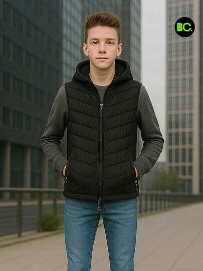  Little Big City Chaleco acolchado con capucha para niño o adolescente, estilo juvenil moderno tipo puffer casual urbano, ideal para invierno o entretiempo, prenda ligera perfecta para escuela, salidas o uso diario, moda infantil masculina versátil, cómoda y fácil de combinar con jeans o sudaderas