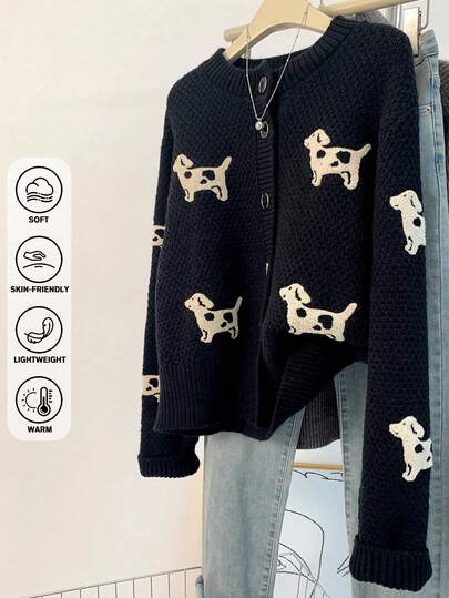 JIANHU Black & White Puppy Print Knit Cardigan - Fall/Winter With Playful Dots & Oversized Fit | Halloween Party & Christmas Market