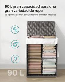 SONGMICS Cesta de Almacenamiento, Cesta de Lavandería de 90 L con Tapa, Plegable, Bolsas de Tela Extraíbles y Asas, para Mantas, Ropa, Salón, Dormitorio, Lavadería, Gris - Gris - Ver 4