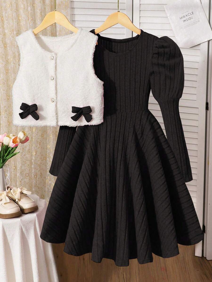 两件套少女罗纹针织长袖连衣裙+双面抓绒上衣套装，秋冬季 - 黑色 - 查看 1