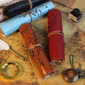 Vintage Treasure Map Rolled Pencil Case, Portable Multi-Functional PU Leather Soft Texture, Nautical Print, Suitable For Makeup Brushes, Eyebrow Pencils, Drawing Pens, Stationery And Other Storage