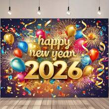 1 Piece 2026 New Year Party Backdrop - Fireworks & Gold Balloon Design With "Happy 2026" Text, Vibrant Photo Background, Suitable For Weddings, New Year Decorations, Year Banners, Happy New Year Fabric, New Year Banners, Also Suitable For Decorating Inside And Outside The Home, Multiple Sizes Available - Color - View 3