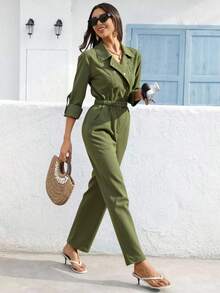 Mono para mujer unicolor tipo cargo y cuello camisero básico de moda ligero para uso casual o diario - Verde militar - Ver 2