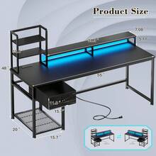 43.3"W/55'W  Computer Gaming Desk With LED Lights & USB Power Strip Home Office Desk With Drawer, Adjustable Storage Shelves & Monitor Stand For Work/Study/Gaming - 黑色 - 查看 9