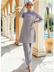 VFJ 女士泳装，伊斯兰风格端庄泳装三件套，灰粉色拼接全套，含头巾，长袖布基尼连衣裙+裤子，度假款 - 紫色 - 查看 4