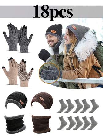 18pcs/Set Men's Winter Hat, Scarf, Touch Screen Gloves And Socks Set, Knitted Beanie, Knitted Lining Neck Warmer
