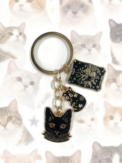 1 pieza Lindo colgante de llavero de gato de aleación, encantador gato de luna creciente y colgante de bolso de metal con pentagrama