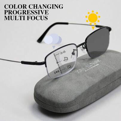 Gafas de lectura premium cómodas de Z&L HOUSE - Lentes multifocales de alta definición, fotocromáticos sensibles a la luz, patillas de metal flexible de memoria ligera, estilo clásico semirrimar retro, incluye estuche elegante y paño de limpieza