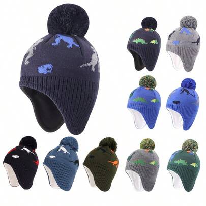 1pc Knitted Baby Hat Winter Warm Boys Girls Dinosaur Beanie Thermal Lined Toddler Kids Hat With Pompom