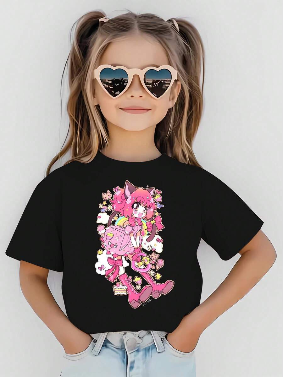 Camiseta infantil con estampado de personajes de anime de dibujos animados japoneses, camiseta de manga corta de algodón puro, estampada con lindos dibujos de gatos japoneses, adecuada para niños de 5 a 14 años, camiseta de cuello redondo de manga corta 100% algodón puro, estilo informal, adecuada para regalos y para el uso diario de los niños. - Negro - Ver 1