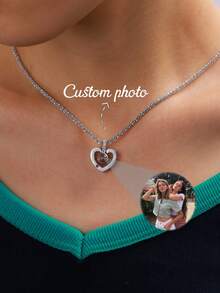 Customized Photo Projection Heart Pendant Necklace, Stainless Steel Wave Chain Necklace, Family, Couples, Birthday, Anniversary, Valentine's Day, New Year Gift, Casual, Cute, Customized, Personalized, Unique, Suitable For Girlfriend, Mother, Family, Friends, Daughter, Anniversary, Valentine's Day, Mother's Day, Birthday, Graduation, Daily Wear, Wedding, Prom, Personalized Jewelry, Christmas Gift - Multicolor-style 2 - View 3