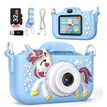儿童相机带 32GB 卡，1080P 高清数码摄像机，适合 3-9 岁女孩男孩，圣诞节生日礼物，独角兽卡通自拍摄像机玩具，适合幼儿