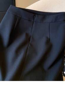 极简设计蕾丝边中长半身裙 高腰垂褶修身职业装半身裙 春季女装 - 藏蓝色 - 查看 5