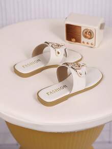 Sandales de mode pour enfants pour l'extérieur, chaussures plates à bout carré, sandales à simple bride, nouvelles mules d'été pour filles - Beige - Voir 5