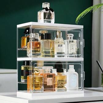 Modern Transparent Multi-Tier Storage Rack - Perfume & Cosmetics Bathroom Countertop Cabinet, Space-Saving Tabletop Organizer - No Assembly Required - Bathroom Or Office Decor - Durable Plastic Material, Minimalist Design, Sturdy Construction, Ideal For Makeup Enthusiasts