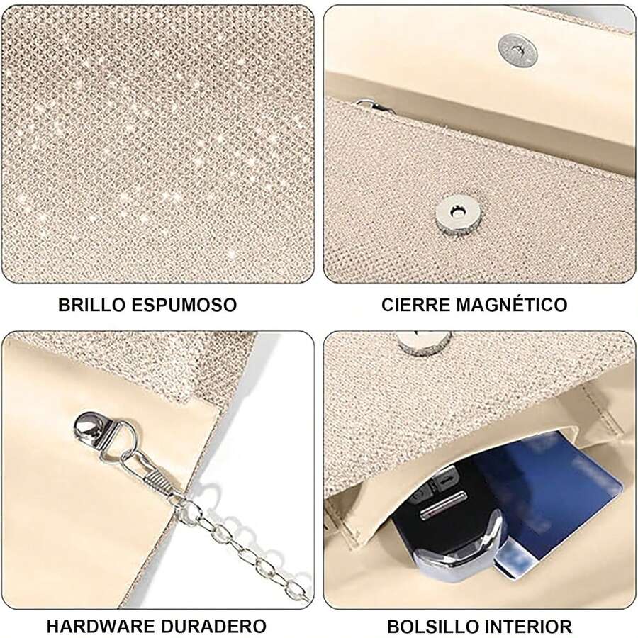 REKOBON Bolso de Noche Carteras de Embrague para Mujer, Bolso de Noche de con Purpurina con Cadena, Bolsos Cruzados de con Sobre de Hombro para Mujer Brillante - Champán - Ver 1