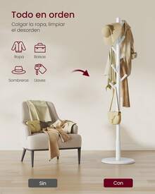 VASAGLE Perchero, Madera Maciza, en Forma de Árbol, 8 Ganchos para Chaquetas, Sombreros, para Pasillo, Ganchos y Barra de Soporte de Madera de Caucho, Blanco Nube,Regalo de Navidad - Blanco - Ver 2