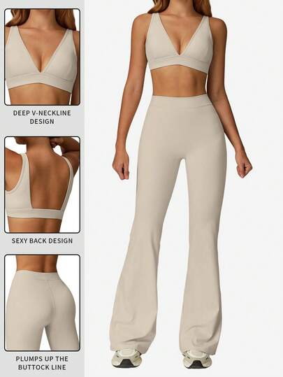 MFVIM Sports Set, Deep Neck Padded Wireless BH High Waist Flared Stretchy Pants, Slimming Wide Leg, Yoga, Pilates, Running, Com Tafel Skin Friendly Wear view 4