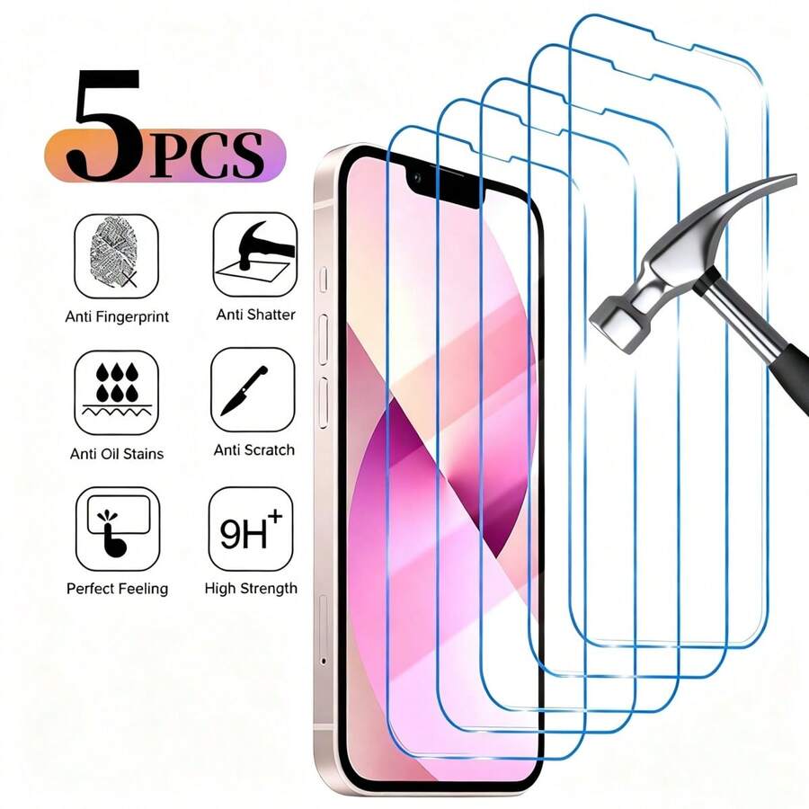 5pcs High Definition Transparent Tempered Glass Screen Protector, Anti-Scratch, Full Coverage, Compatible With IPhone 17/16/15/14/13/12/11 Pro Max/Xr/X/Xs Max Plus, Anti-Fingerprint Phone Screen Protector, Anti-Scratch Glass, Phone Screen Protector