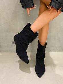 2025 Autumn/Winter New Brown Pointed Toe Pleated Short Boots, Suede Mid-Calf Boots, Kitten Heel Women Boots - Black - View 5