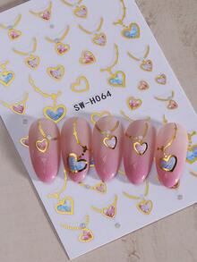 2片浪漫项链造型美甲贴纸，闪亮亮片爱心3D自粘美甲贴花，金属粉蓝爱心美甲DIY装饰，适合女性、女孩，情人节和婚礼美甲设计用品 - 彩色 - 查看 4